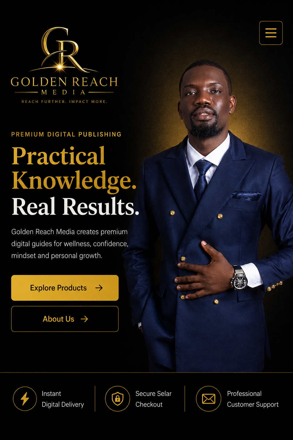 Golden Reach Media — Practical Knowledge. Real Results. Founder portrait, brand message and service benefits.